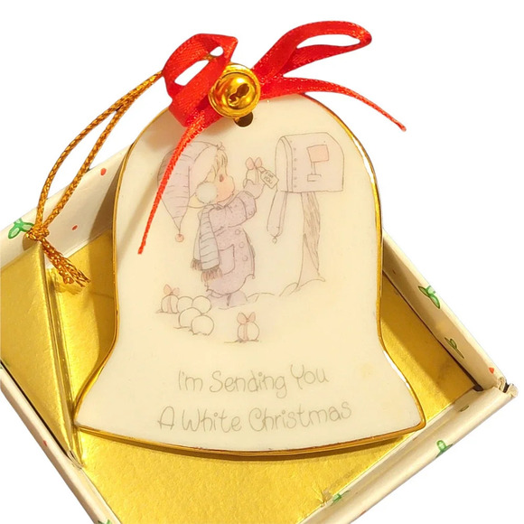 PRECIOUS MOMENTS I'm Sending You a White Christmas Porcelain Bell Ornament 1986 - Picture 5 of 8